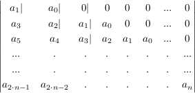 $ \vmat{a_1 |& a_0 |& 0 |& 0 & 0 & 0 & ... & 0 \\ a_3 & a_2 |& a_1 |& a_0 & 0 & 0 & ... & 0 \\ a_5 & a_4 & a_3 |& a_2 & a_1 & a_0 & ... & 0 \\ ... & . & . & . & . & . & . & ... \\ ... & . & . & . & . & . & . & ... \\ a_{2\cdot{}n-1} & a_{2\cdot{}n-2} & . & . & . & . & . & a_n} $ $ \vmat{a_1 |& a_0 |& 0 |& 0 & 0 & 0 & ... & 0 \\ a_3 & a_2 |& a_1 |& a_0 & 0 & 0 & ... & 0 \\ a_5 & a_4 & a_3 |& a_2 & a_1 & a_0 & ... & 0 \\ ... & . & . & . & . & . & . & ... \\ ... & . & . & . & . & . & . & ... \\ a_{2\cdot{}n-1} & a_{2\cdot{}n-2} & . & . & . & . & . & a_n} $