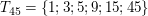 $ T_{45}=\{1;3;5;9;15;45\} $ $ T_{45}=\{1;3;5;9;15;45\} $